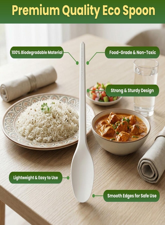 Ecoz Biodegradable Cornstarch Disposable Spoons 6 Inch (160 mm) Pack of 50 | Eco Friendly Compostable Plastic Free Cutlery | Ideal for Party Catering Takeaway Food Service and Events - Image 3