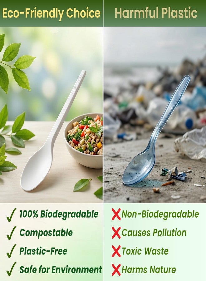 Ecoz Biodegradable Cornstarch Disposable Spoons 6 Inch (160 mm) Pack of 50 | Eco Friendly Compostable Plastic Free Cutlery | Ideal for Party Catering Takeaway Food Service and Events - Image 4