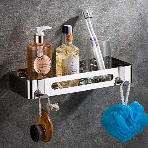 Tagve 304 Stainless Steel Wall Mount Shower Basket Hanging Rack Bathroom Storage Organizer with 2 Hooks Polished Finish Rustproof Holder Rack for Kitchen(Square) - Image 1