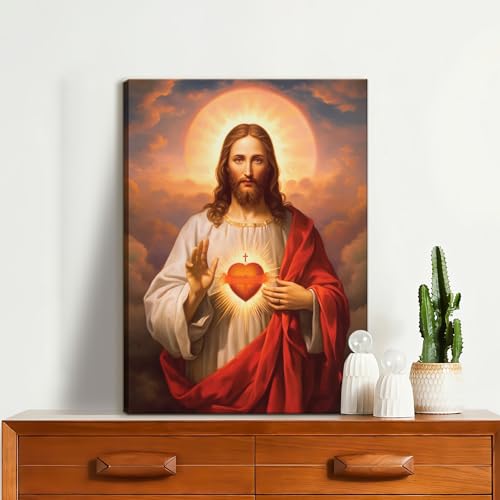 QGNBGBJ Framed Sacred Heart of Jesus Picture Wall Art Divine Mercy Picture Canvas Wall Decor Christ Jesus Portrait Poster Prints Christian Religious Artwork for Living Room Bedroom(12x16inch) - Image 2