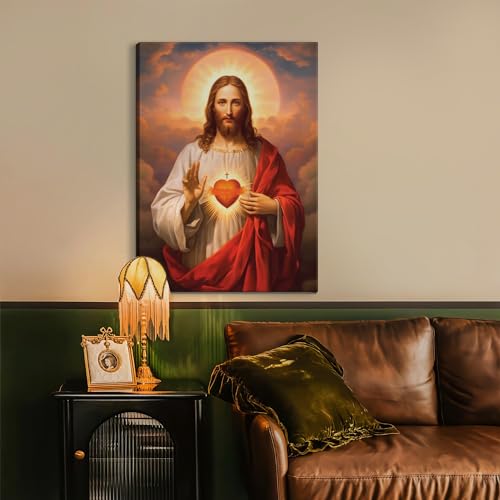 QGNBGBJ Framed Sacred Heart of Jesus Picture Wall Art Divine Mercy Picture Canvas Wall Decor Christ Jesus Portrait Poster Prints Christian Religious Artwork for Living Room Bedroom(12x16inch) - Image 3