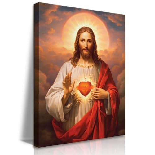 QGNBGBJ Framed Sacred Heart of Jesus Picture Wall Art Divine Mercy Picture Canvas Wall Decor Christ Jesus Portrait Poster Prints Christian Religious Artwork for Living Room Bedroom(12x16inch) - Image 1