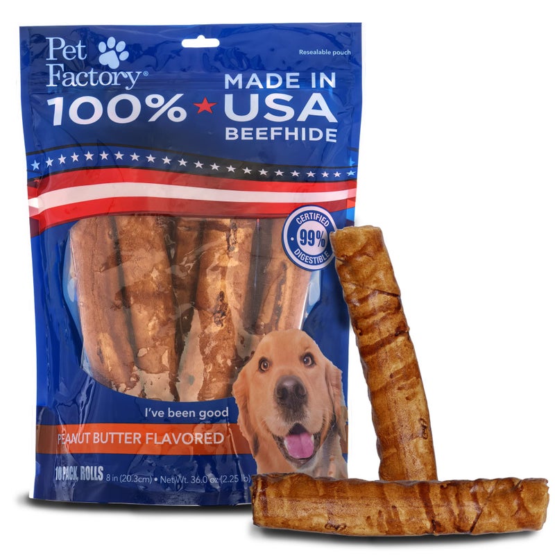 Pet Factory 100 Made in USA Beefhide 8 Rolls Dog Chew Treats Peanut Butter Flavor 10 Count1 Pack