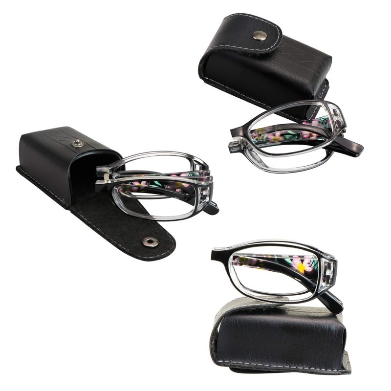 VisionGlobal 3 Pair Reading Glasses Foldable Readers with Blue Light Blocking lens Compact Folding Glasses for Women Reading Case Included (Black, 2.00 Magnification) - Image 1