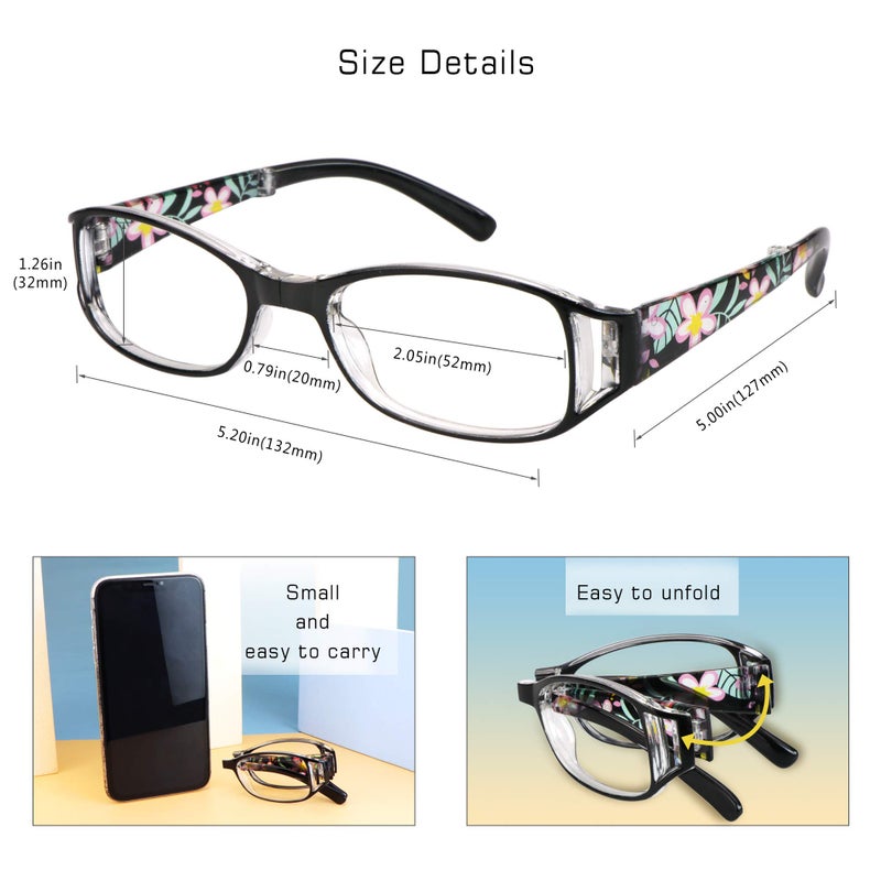 VisionGlobal 3 Pair Reading Glasses Foldable Readers with Blue Light Blocking lens Compact Folding Glasses for Women Reading Case Included (Black, 2.00 Magnification) - Image 3