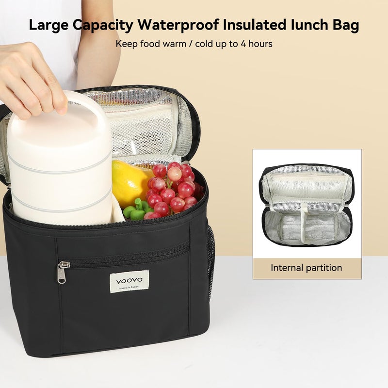 Voova Stackable Stainless Steel Thermal Lunch Box with Lunch Bag and Cultery Set for Adult Women Men, 3 Tier Leakproof & Microwave Safe Insulated Bento Boxes Food Container for Work, Black - Image 4