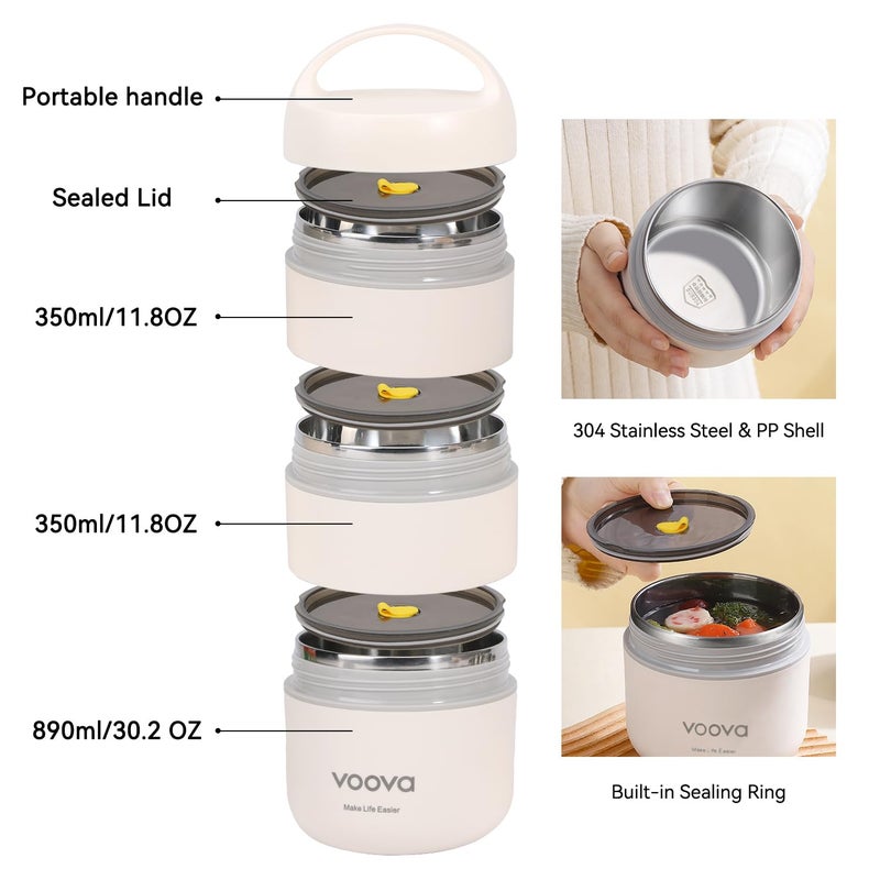 Voova Stackable Stainless Steel Thermal Lunch Box with Lunch Bag and Cultery Set for Adult Women Men, 3 Tier Leakproof & Microwave Safe Insulated Bento Boxes Food Container for Work, Black - Image 3