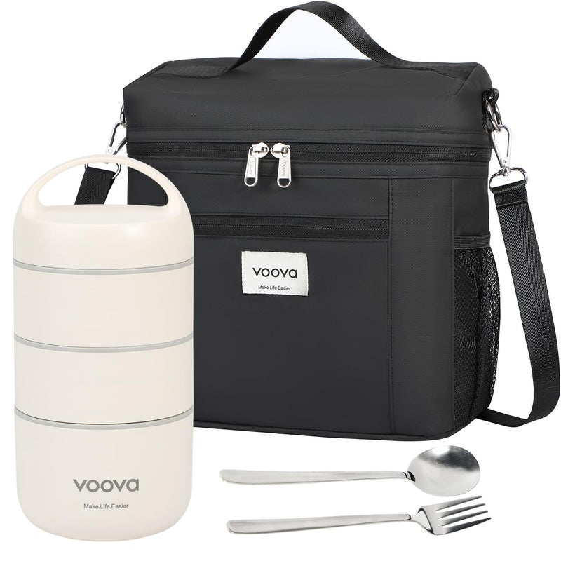 Voova Stackable Stainless Steel Thermal Lunch Box with Lunch Bag and Cultery Set for Adult Women Men, 3 Tier Leakproof & Microwave Safe Insulated Bento Boxes Food Container for Work, Black - Image 1