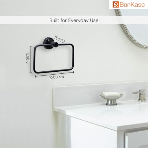 BonKaso 304 Stainless Steel Square Towel Ring – Rustproof Wall Mounted Napkin & Hand Towel Holder for Bathroom, Kitchen & Wash Basin | Space-Saving Modern Design | Matte Black Finish - Image 2