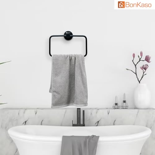BonKaso 304 Stainless Steel Square Towel Ring – Rustproof Wall Mounted Napkin & Hand Towel Holder for Bathroom, Kitchen & Wash Basin | Space-Saving Modern Design | Matte Black Finish - Image 3
