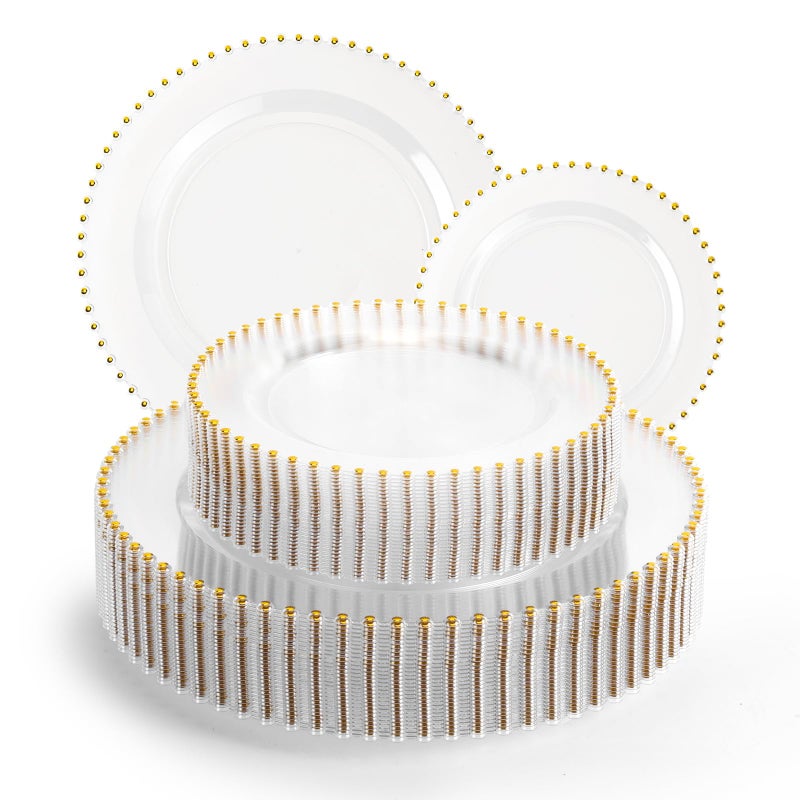 ejonirinjonir EI 60pcs Clear Plastic Plates with Gold Rim,Disposable Plastic Plates Fancy 10" Dinner & 7" Dessert Plate Heavy Duty for Wedding,Birthday,Afternoon Tea,Spring,Mother's Day,Valentine's Day,Easter - Image 1