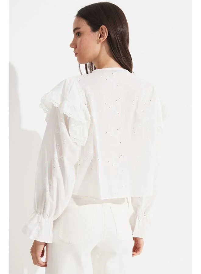 JUNE June Women 100% Cotton Crew Neck Flounce Detailed Embroidered Woven Blouse White