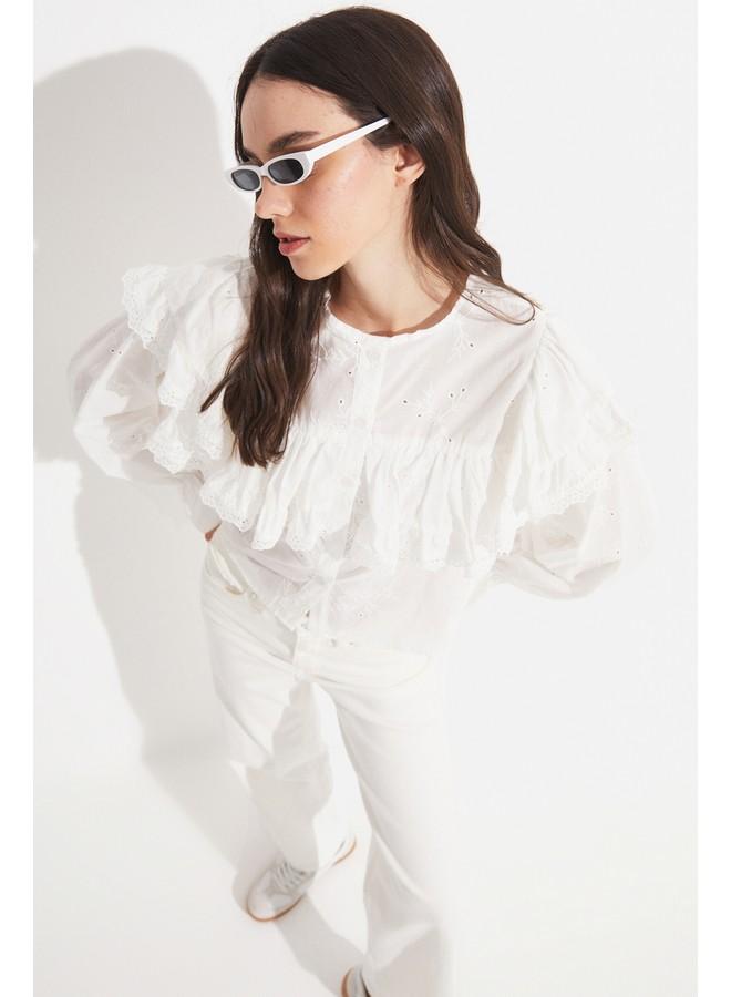 June Women 100% Cotton Crew Neck Flounce Detailed Embroidered Woven Blouse White - Image 1