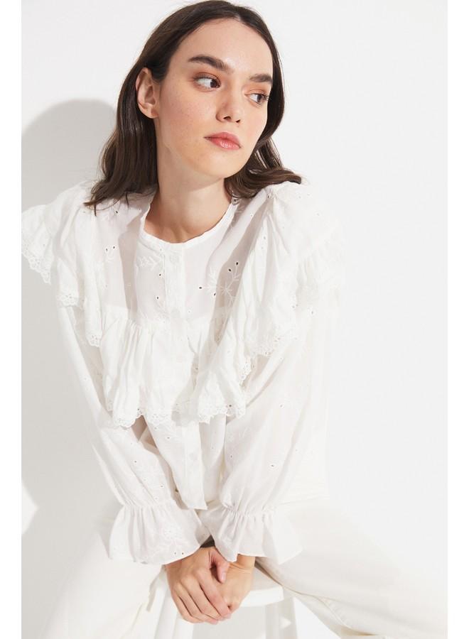 June Women 100% Cotton Crew Neck Flounce Detailed Embroidered Woven Blouse White - Image 2