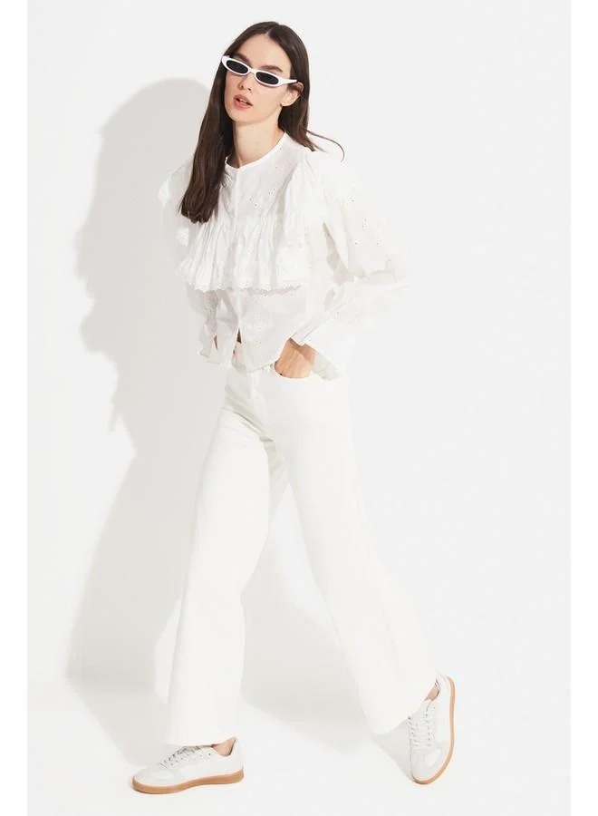 JUNE June Women 100% Cotton Crew Neck Flounce Detailed Embroidered Woven Blouse White