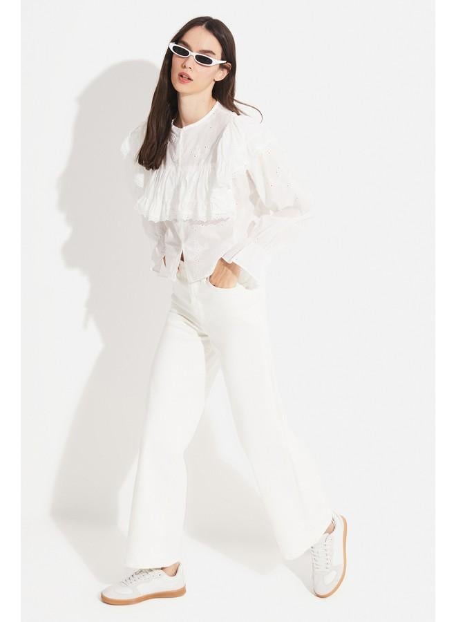 June Women 100% Cotton Crew Neck Flounce Detailed Embroidered Woven Blouse White - Image 5