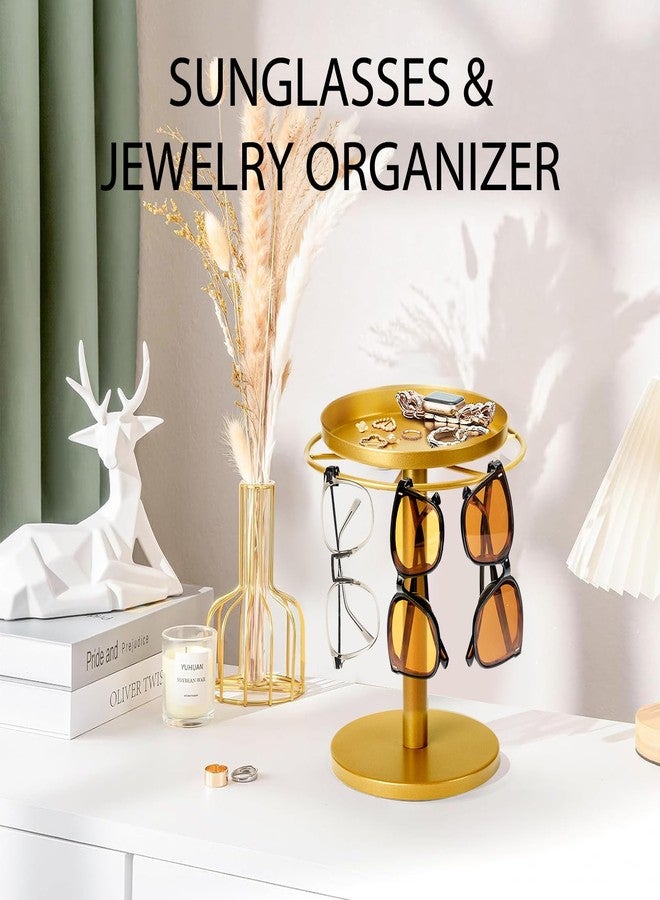 MoyRetty 360° Rotating Sunglasses Organizer - Stainless Steel Glasses Holder Stand with Jewelry Tray, Home Decor for Desk, Dresser & Nightstand(Gold) - Image 3