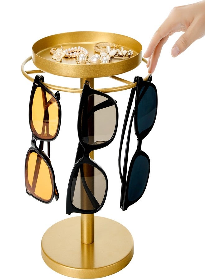 MoyRetty 360° Rotating Sunglasses Organizer - Stainless Steel Glasses Holder Stand with Jewelry Tray, Home Decor for Desk, Dresser & Nightstand(Gold) - Image 1