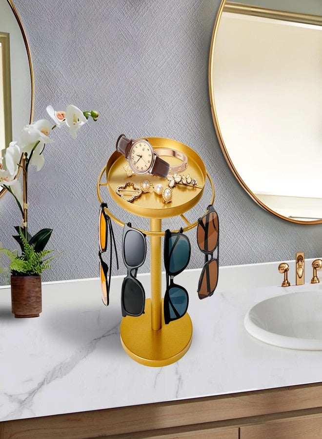 MoyRetty 360° Rotating Sunglasses Organizer - Stainless Steel Glasses Holder Stand with Jewelry Tray, Home Decor for Desk, Dresser & Nightstand(Gold) - Image 2