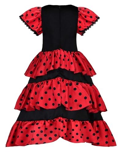 ReliBeauty Girls Flamenco Costume Spanish Dancer Skirt Kids Halloween Fancy Dress with Red Flower, 4T-4/110 - Image 2