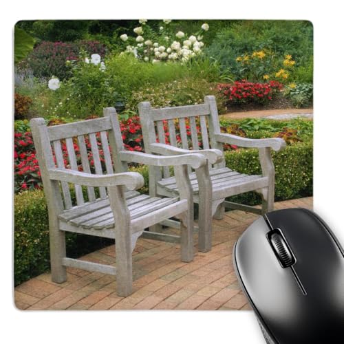 3dRose 8 x 8 x 0.25 Inches Mouse Pad, Empty Wooden Chairs Along A Garden Path Raymond Klass (mp_83512_1) - Image 1