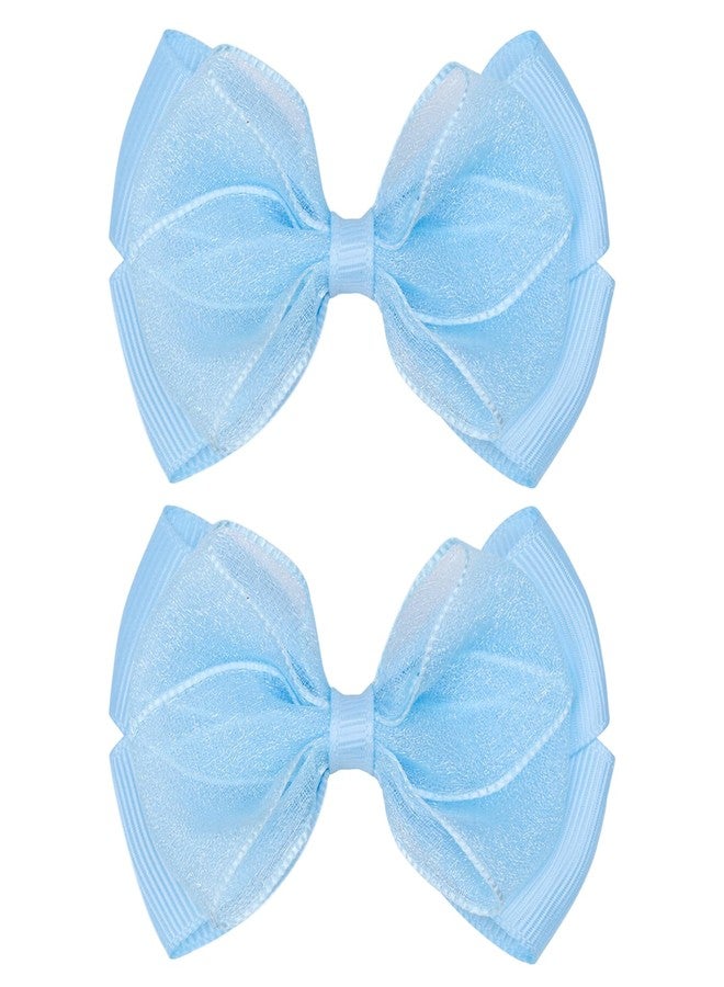 Zolyco Tiny 3 Inch Organza Double Hair Bow Clips - Lined Boutique Alligator Hairpin for Baby Girls, Toddlers, and Little Teens - Kids Barrettes Set of 2 Small Stylish (Light Blue) - Image 1