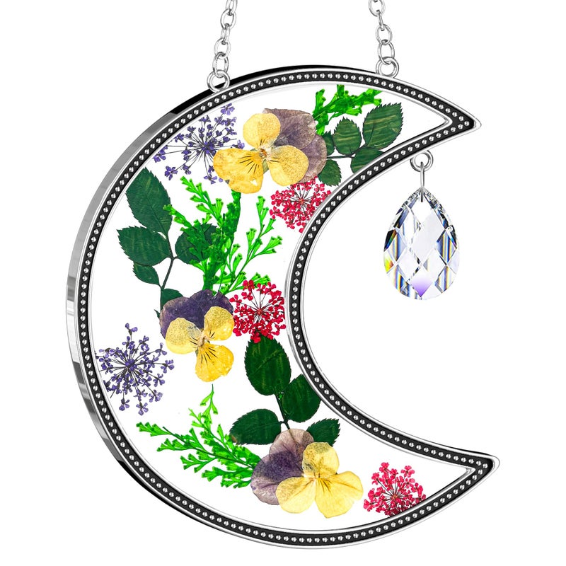 KY&BOSAM KYBOSAM Suncatcher Gifts for Mom Crystal Moon Stained Glass Catchers Hangings for Windows Wind Chime Ornament with Pressed Real Flower and Crystal Charm Birthday Gifts for Mothers Day 