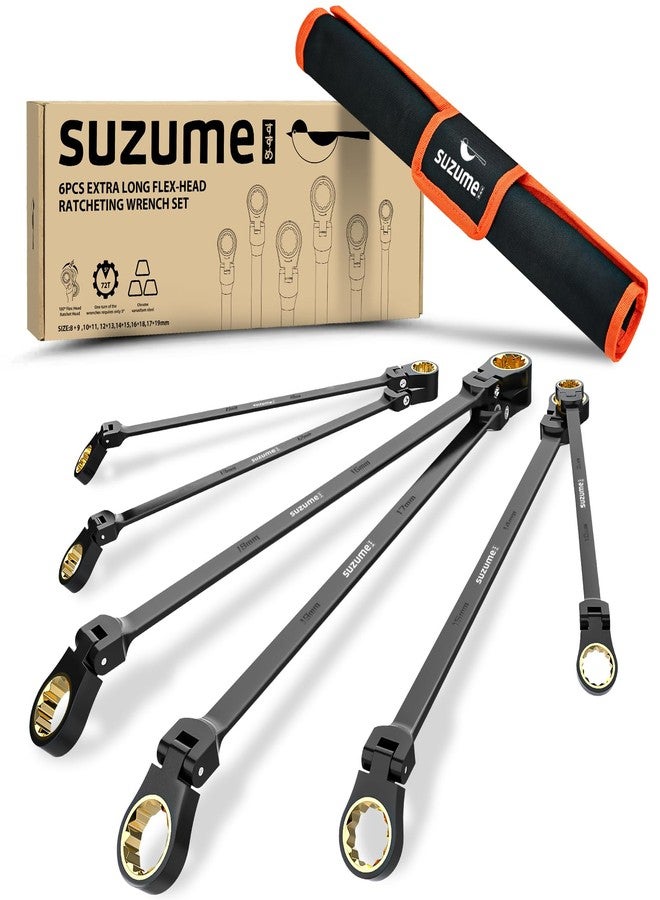 SUZUME Extra Long Flex Head Ratcheting Wrench Set 6PCS (8-19mm) Double Box End Metric EVA Foam 180° Flexible Head 15K Gear Cycles Tested Black Chrome Finish CR-V Steel for Tight Engine Bays with Pouch - Image 1