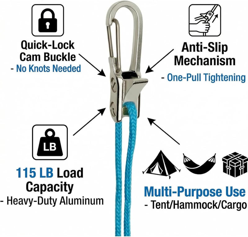 LiebeWH Cam Buckle Rope Tensioner 2 Ropes and 6 Roller Tensioner Tie Down Rope Set for Camping Canopy Rowing Outdoor Gear - Image 4