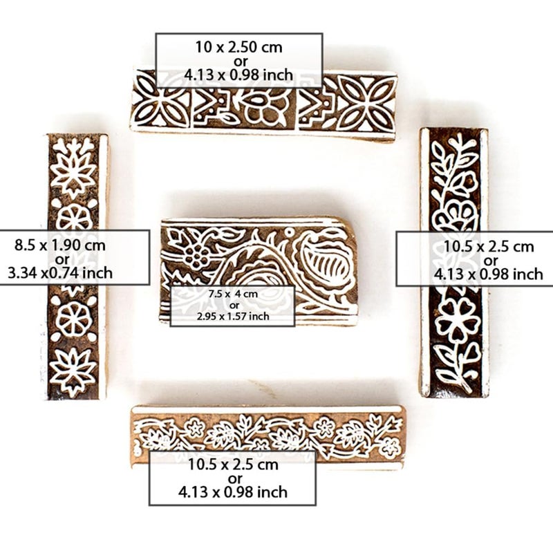 TWOGRAMS طوابع طباعة خشبية على شكل حدود - طوابع طباعة كتلة للنسيج، القماش، حقائب القماش، نشاط حرفي للأطفال، كتل خشبية لحدود الساري - مجموعة من 5 - Image 4