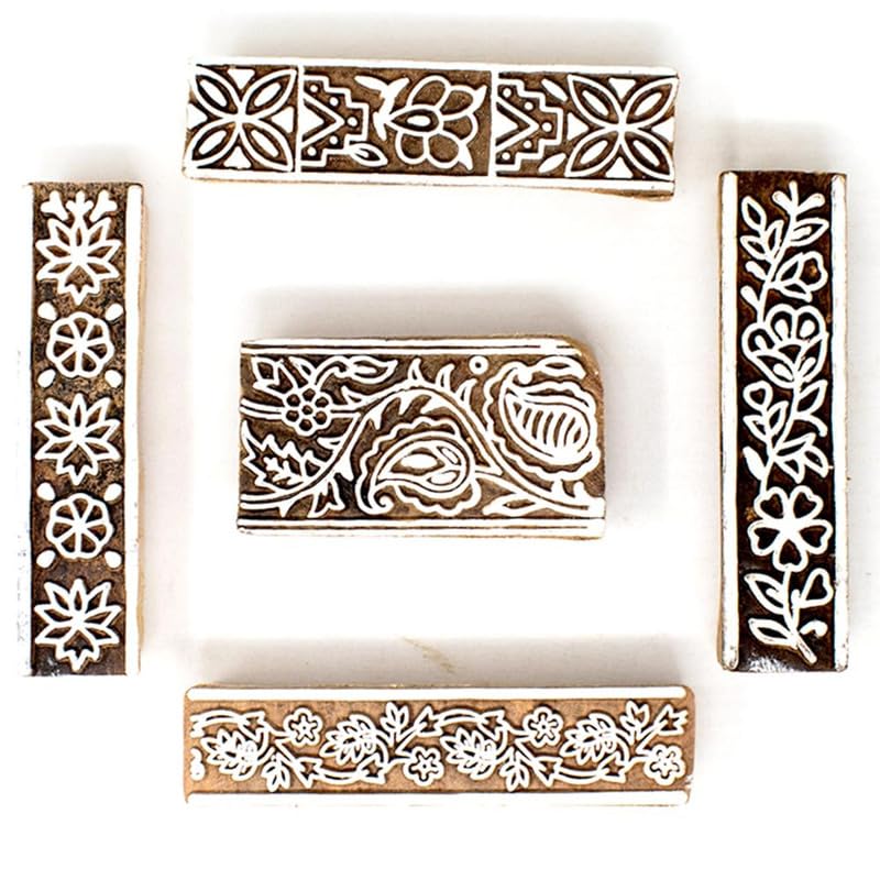 TWOGRAMS طوابع طباعة خشبية على شكل حدود - طوابع طباعة كتلة للنسيج، القماش، حقائب القماش، نشاط حرفي للأطفال، كتل خشبية لحدود الساري - مجموعة من 5 - Image 1