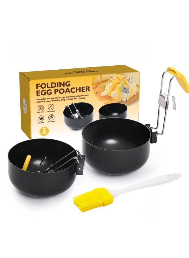 Foldable Hanging Egg Poacher 2 Pack Non-Stick Round Egg Cooker Molds with Silicone Sleeves & Brush for Soft Boiled Poached Eggs - Image 1