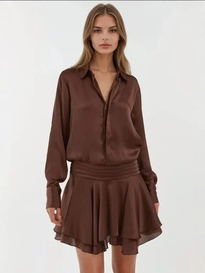 HICCUP Ruffle Drape Long Sleeve Mini Dress with Shirt Collar