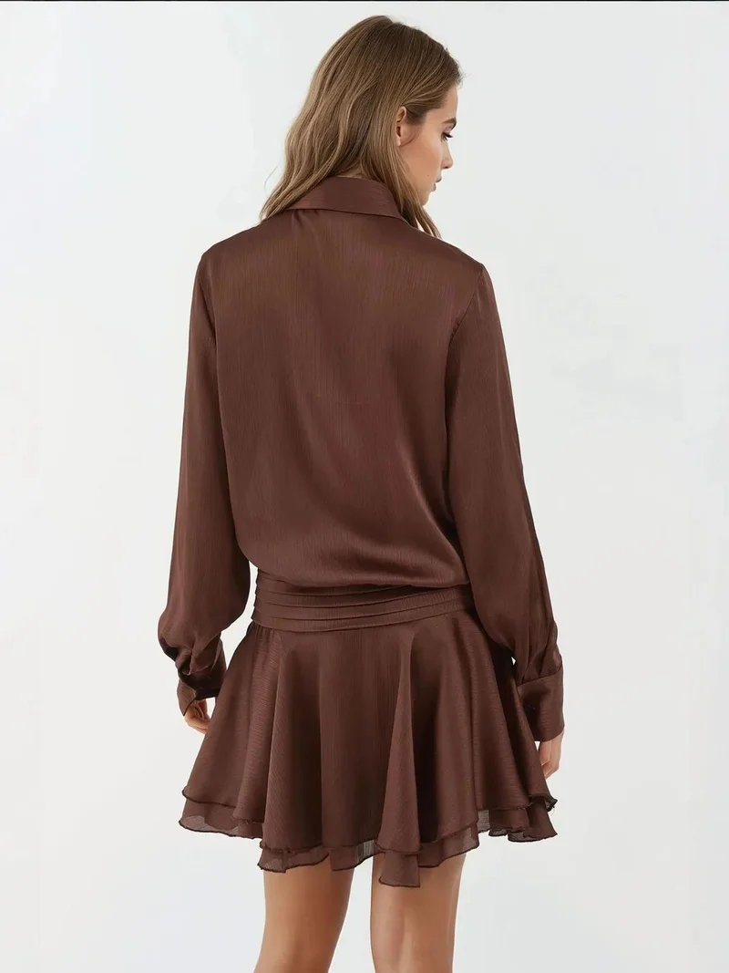 HICCUP Ruffle Drape Long Sleeve Mini Dress with Shirt Collar
