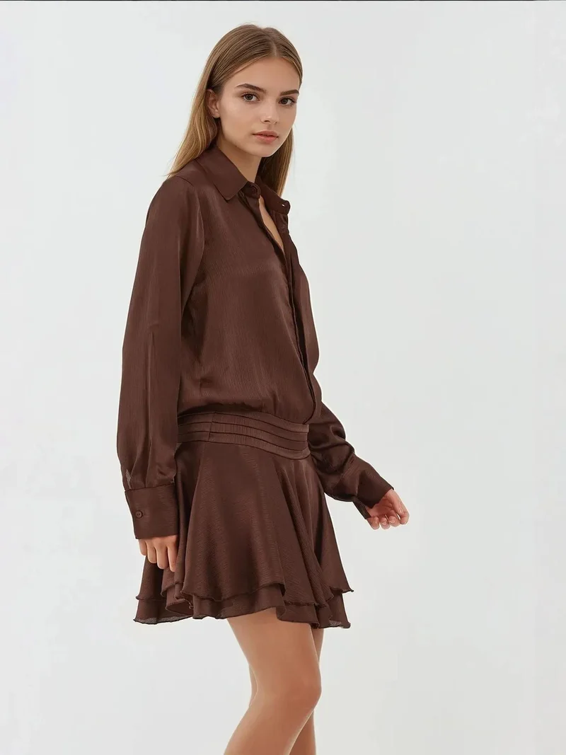 HICCUP Ruffle Drape Long Sleeve Mini Dress with Shirt Collar