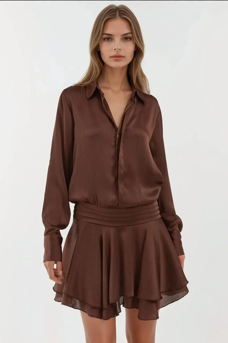 Hiccup Ruffle Drape Long Sleeve Mini Dress with Shirt Collar