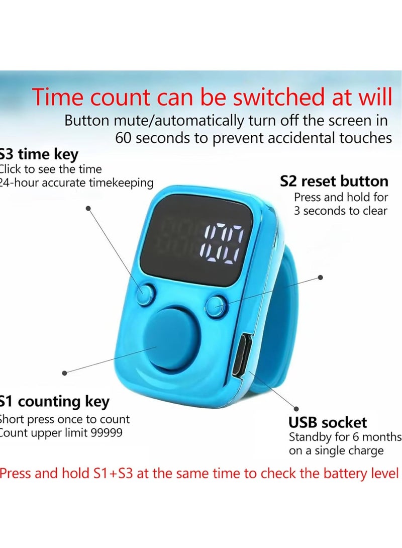 JAJEEK "NEW Electric Finger Counter with LED Display – Digital Dhikr Tasbih Ring, Glow in the Dark, Accurate Counting Device with Replaceable Battery (Blue, LMRT65)" - Image 3