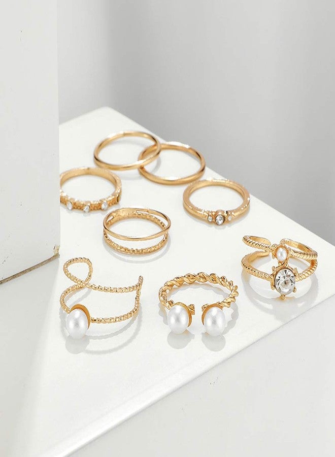 Missgrace 8 Piece Gold Knuckle Ring Set Vintage Pearls Rhinestones Boho Stackable Adjustable Rings for Women - Image 5