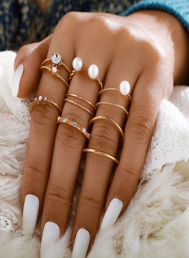 Missgrace 8 Piece Gold Knuckle Ring Set Vintage Pearls Rhinestones Boho Stackable Adjustable Rings for Women - Image 2