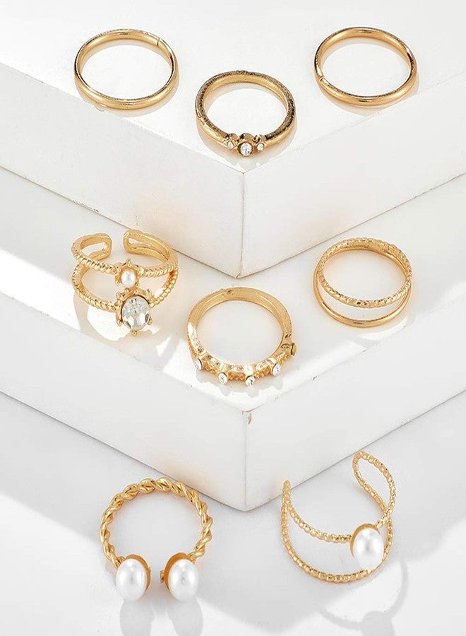 Missgrace 8 Piece Gold Knuckle Ring Set Vintage Pearls Rhinestones Boho Stackable Adjustable Rings for Women - Image 3