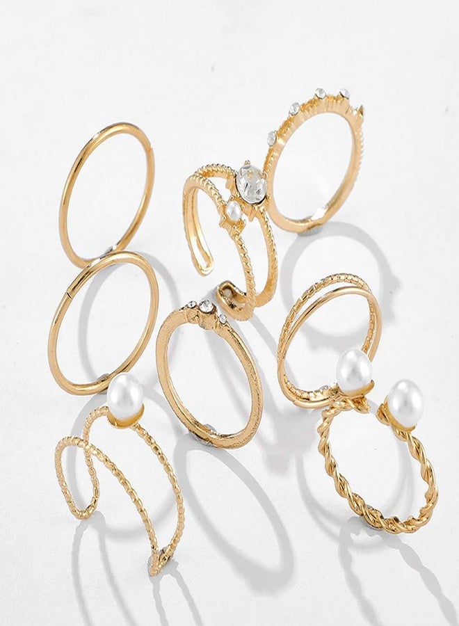 Missgrace 8 Piece Gold Knuckle Ring Set Vintage Pearls Rhinestones Boho Stackable Adjustable Rings for Women - Image 4