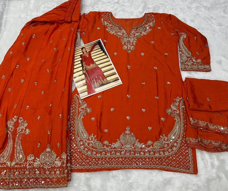 ANAITA Orange Chinon Free Size Stitched Suit with Embroidery Beats Work - Image 3