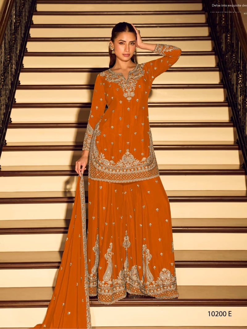 ANAITA Orange Chinon Free Size Stitched Suit with Embroidery Beats Work - Image 1