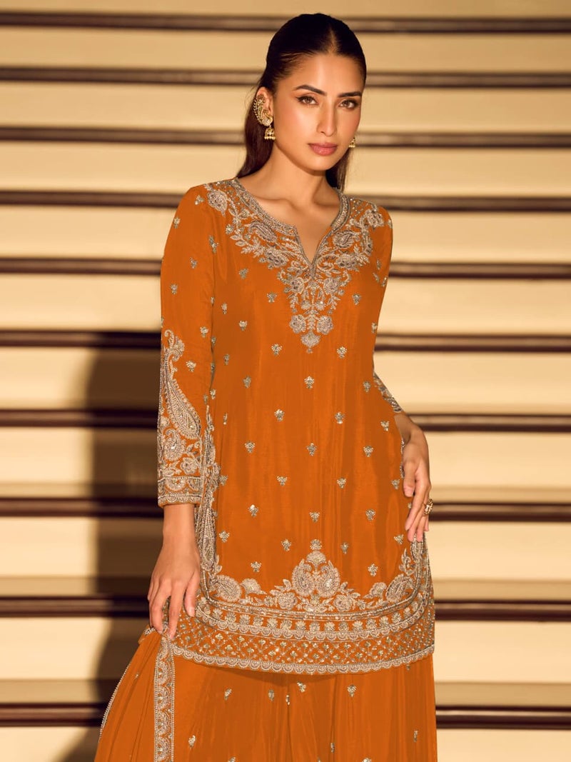 ANAITA Orange Chinon Free Size Stitched Suit with Embroidery Beats Work - Image 2