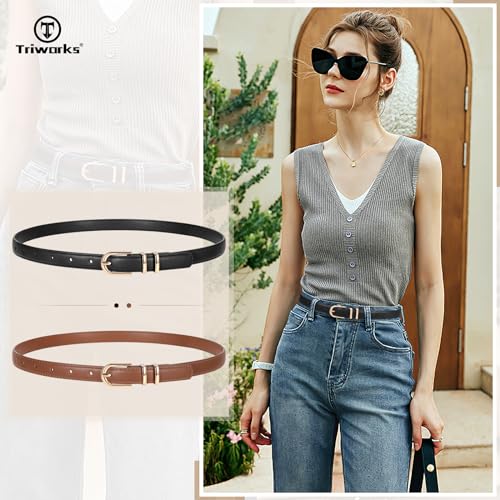TRIWORKS 2 Pack Women Skinny Leather Belts for Jeans Pants Thin Faux Leather Belt with Gold Buckle - Image 3