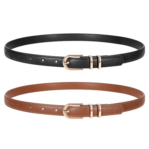 TRIWORKS 2 Pack Women Skinny Leather Belts for Jeans Pants Thin Faux Leather Belt with Gold Buckle - Image 1