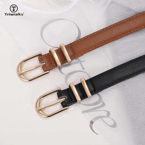 TRIWORKS 2 Pack Women Skinny Leather Belts for Jeans Pants Thin Faux Leather Belt with Gold Buckle - Image 2