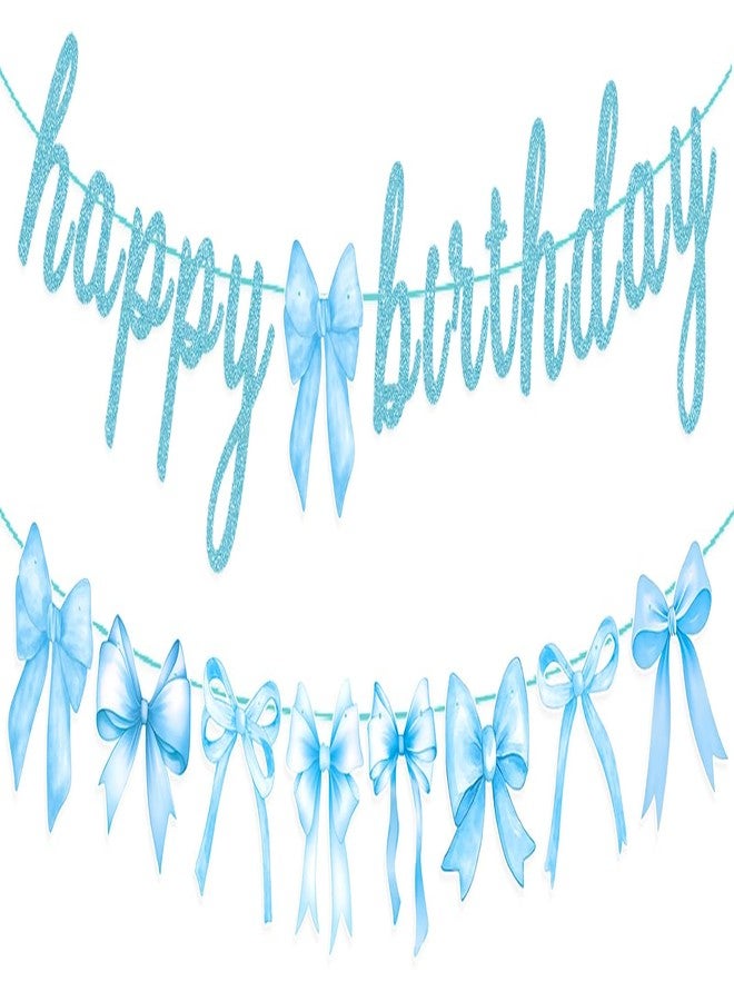 Haptda Blue Bow Happy Birthday Banner with Bow Garland for Baby Shower Girls Women Blue Bow Themed Coquette Birthday Party Decorations - Image 1