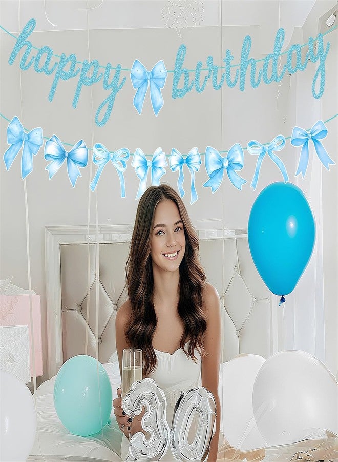 Haptda Blue Bow Happy Birthday Banner with Bow Garland for Baby Shower Girls Women Blue Bow Themed Coquette Birthday Party Decorations - Image 2