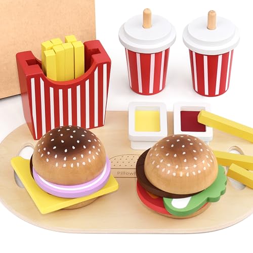 Pillowhale Wooden Play Food Toy for Kids Pretend Play Kitchen Accessories for Toddlers Wooden Play Fast Food Hamburger Set Educational Toys Gift for Boys Girls - Image 1